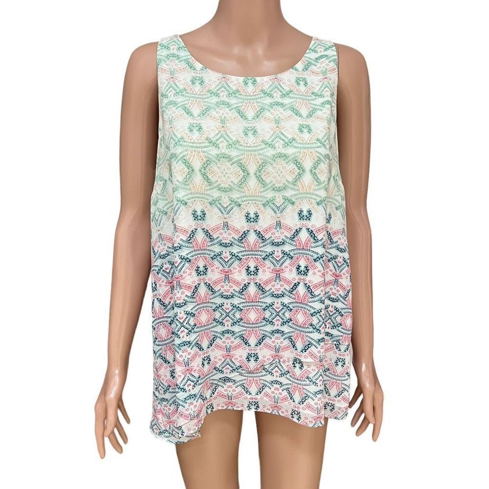 Cabi Tank Top Blouse Mosaic Print Heart Style Size M Green Pink Blue